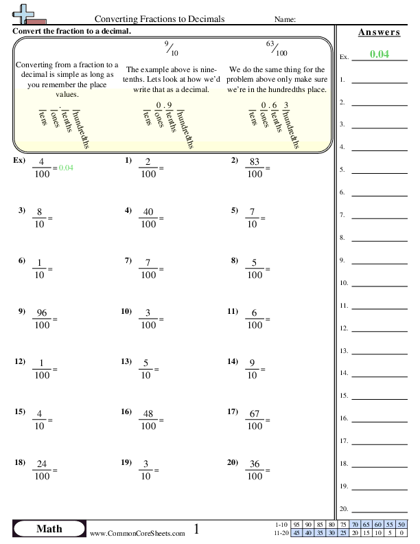 Converting Fractions to Decimals (10ths & 100ths) Worksheet - Converting Fractions to Decimals (10ths & 100ths) worksheet